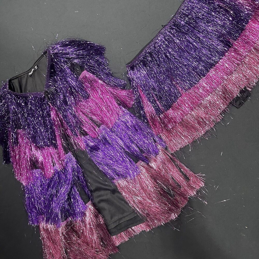 Nasty Gal Purple Pink Metallic Tinsel Fringe Jacket & Skort Set US 8